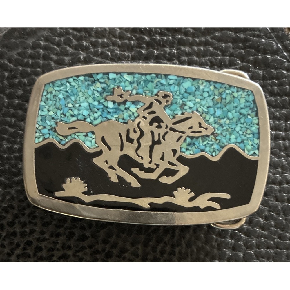 Cowboy Horse  Turquoise Chip Stone Inlay Belt Buckle